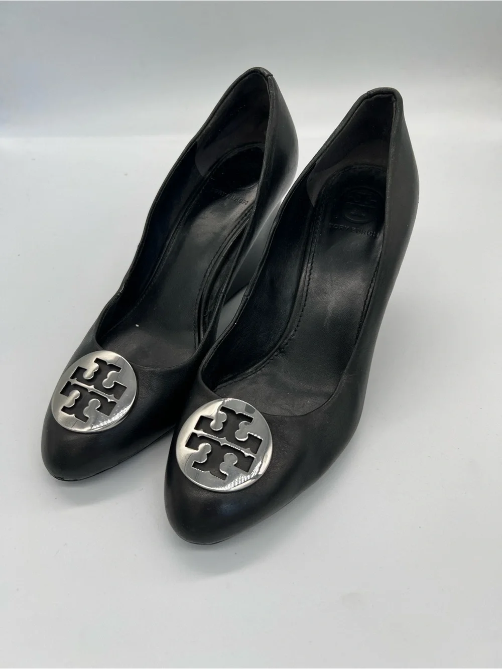 Tory Burch Black Leather Pumps with Silver Logo Medallion